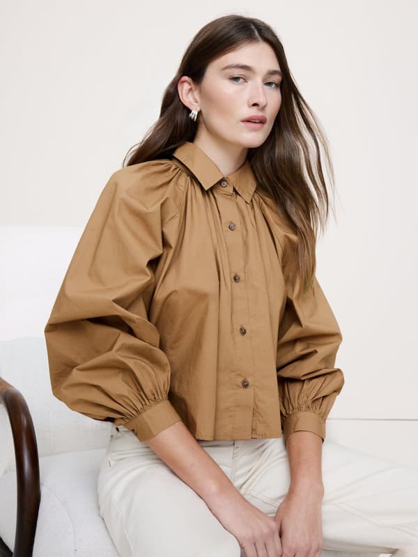 Cotton Poplin Balloon Sleeve Shirt