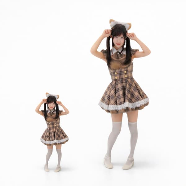 Contoh figur 3D: Figur cosplay seorang wanita dengan telinga kucing (kiri: 5 cm / kanan: 10 cm)