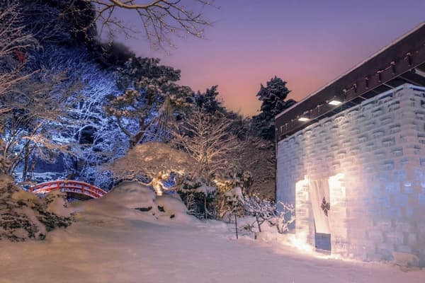 Strolling through the Japanese garden with ice sushi bar