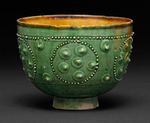 Green and Brown Glazed Bowl with Applied Beaded Design
