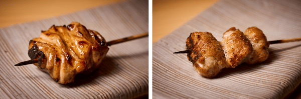 Yakitori skewers grilled over strong direct charcoal heat, charred on the outside and juicy inside