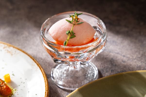 Dessert: ruby lychee warabi mochi paired with refreshing sorbet
