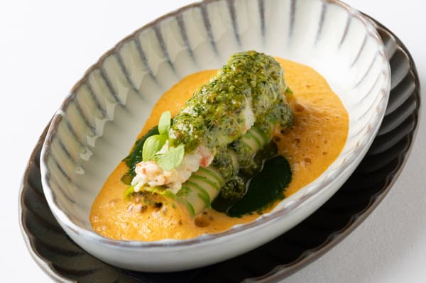 Cannelloni with Pesto Genovese, langoustine, spinach, ricotta, fennel pollen