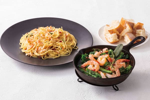 Savory dishes including Sakura shrimp peperoncino and shrimp with nanohana ajillo