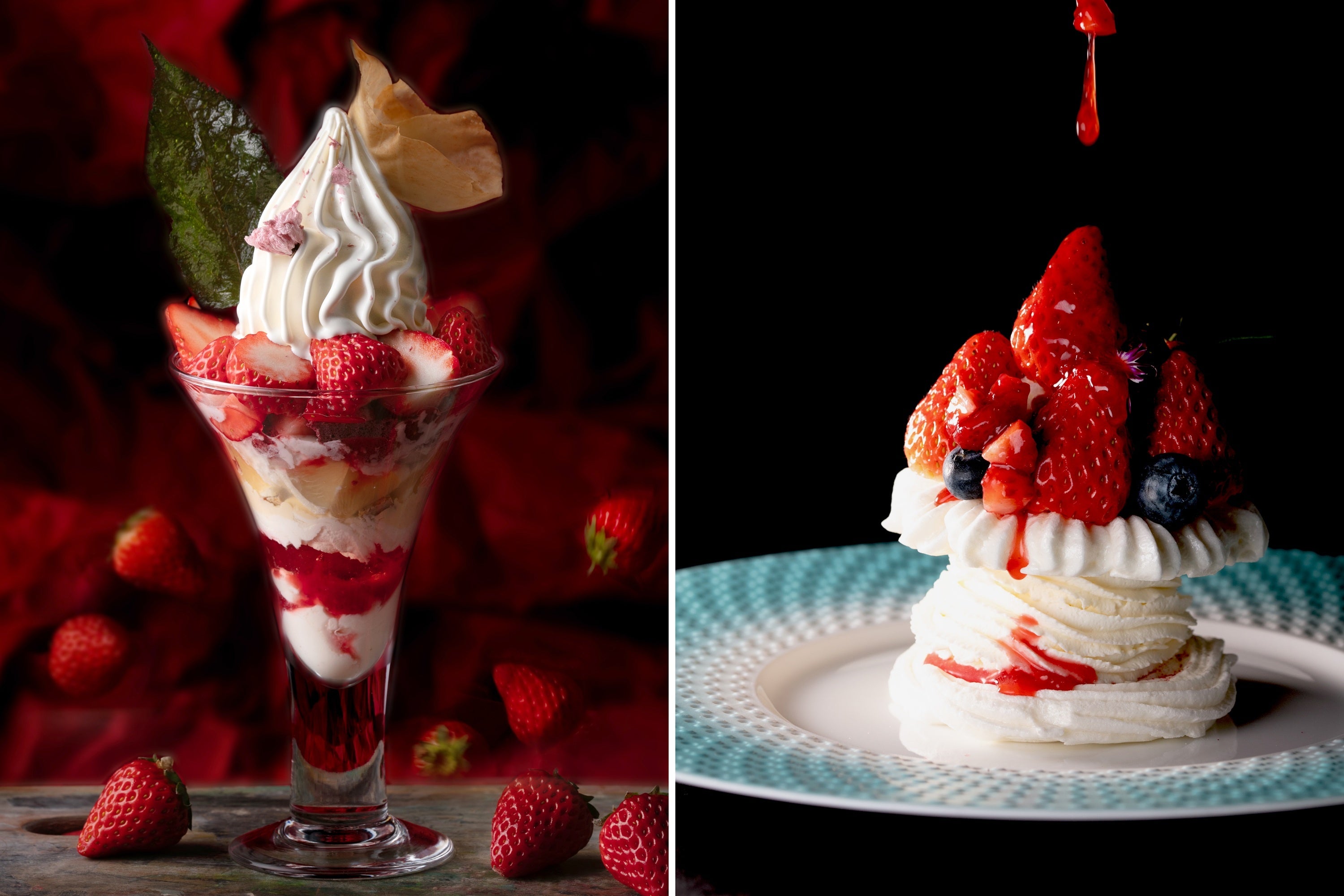 Strawberry and Sakura Parfait (left) and Strawberry Pavlova (right)